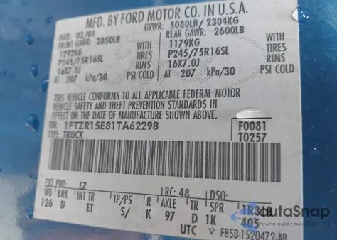 2001 Ford Ranger Edge/Xlt из США, поврежденный, VIN 1FTZR15E81TA62298